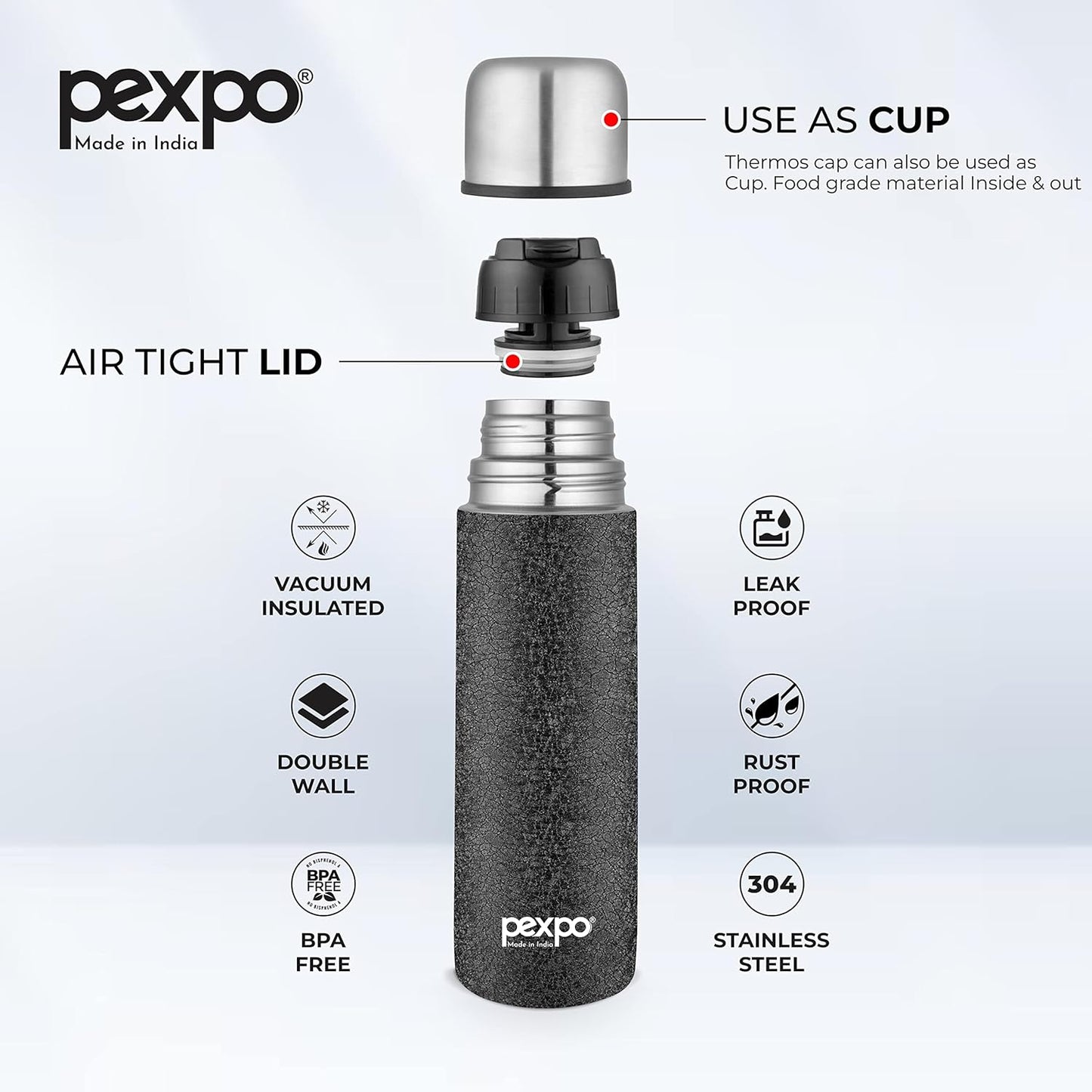 PEXPO Flip Pro 750 Hot & Cold | Vacuum Insulated Stainless Steel Flask - 730ml | Black |Steel Bottle|Leak Proof|Travelling|School & Trekking|Office|Gym