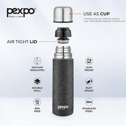 PEXPO Flip Pro 750 Hot & Cold | Vacuum Insulated Stainless Steel Flask - 730ml | Black |Steel Bottle|Leak Proof|Travelling|School & Trekking|Office|Gym
