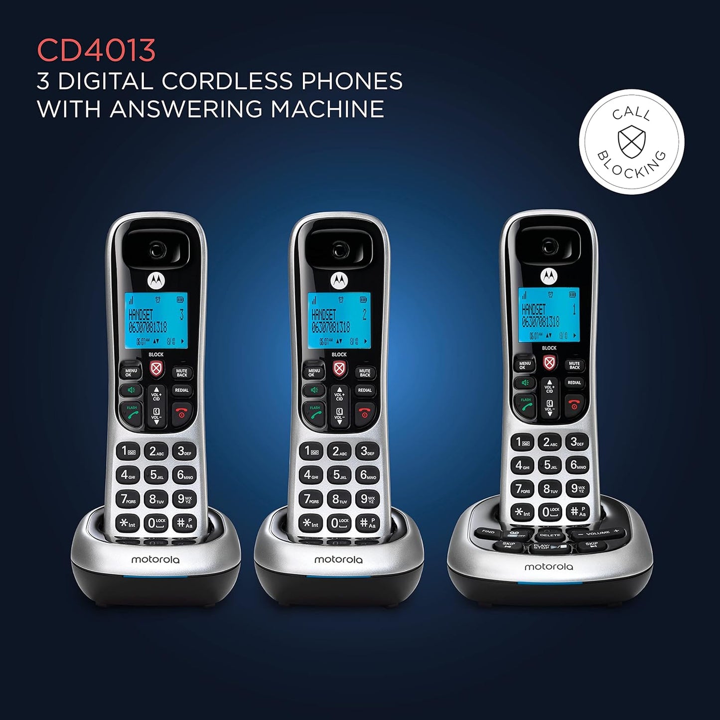 Motorola CD4013 Digital Cordless Phone with Answering Machine with 3 Handsets, Silver