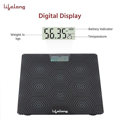 Lifelong LLWS18 Digital Weighing Scale|Glass Weighing Scale Machine|Electronic Bathroom Scales & Weight Machine for Home & Human Balance & Battery included (Black)