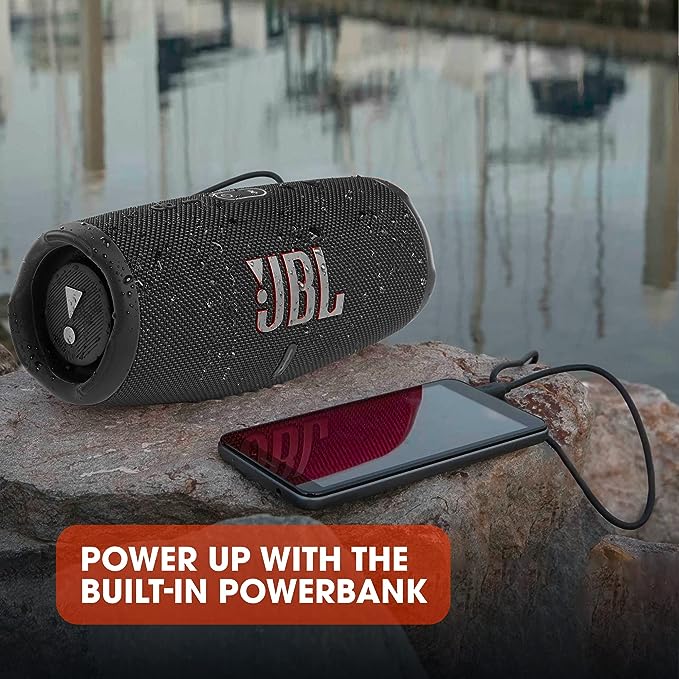 JBL Charge 5, Wireless Portable Bluetooth Speaker Pro Sound, 20 Hrs Playtime, Powerful Bass Radiators, Built-in 7500mAh Powerbank, PartyBoost, IP67 Water & Dustproof (Without Mic, Black) Visit the JBL Store