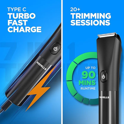 Havells Beard & Hair 7 in 1 Trimmer |2-in-1 Special Blade| Comes with 4 Beard & 2 Hair Combs|Type C Turbo Charge|No Nicks & Cuts|2 Year Guarantee|BT4001