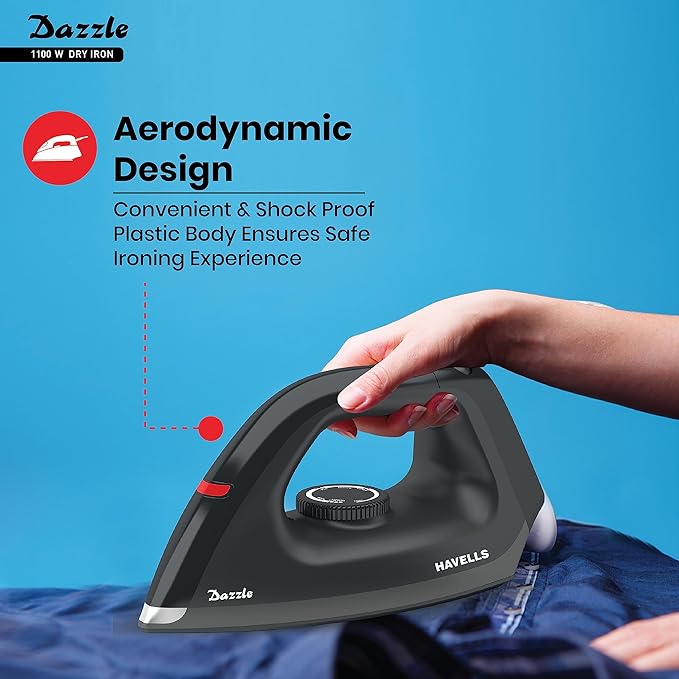 HAVELLS Plastic Dazzle 1100W Dry Iron Press German Technology Non Sick Coated Sole Plate & 2 Yrs Warranty (Black), 1100 Watts