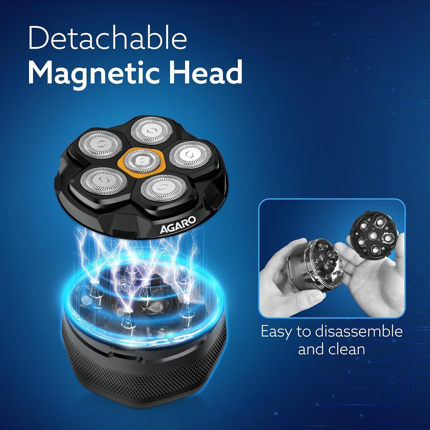 AGARO Head Shaver, for Bald Men, 6 Flexible Heads, Wet/Dry Head Shaver, Rechargeable, IPX7 Waterproof, Detachable Heads HS7979