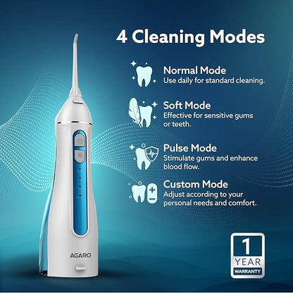 AGARO Oral Irrigator, Portable, Cordless & Rechargeable, 4 Cleaning Modes, IPX7 Waterproof with 200ml Water Tank, Flossing at Home & Travel, Oral Flosser, Dental Flosser for teeth