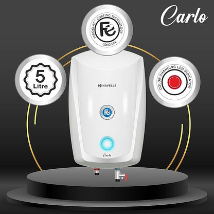 Havells Carlo 5 Litre Instant Water Heater, 3000 watt, Warranty: 5 Year on Inner Container and 2 Years Comprehensive (White) Wall mount