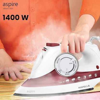 Havells ABS Aspire 1400 Watt Steam Iron Press With Precision Tip Sole Plate, Horizontal/Vertical Steam Burst, Self-Cleaning Function | Steam Burst | Anti Drip Function (Red), 1400 Watts