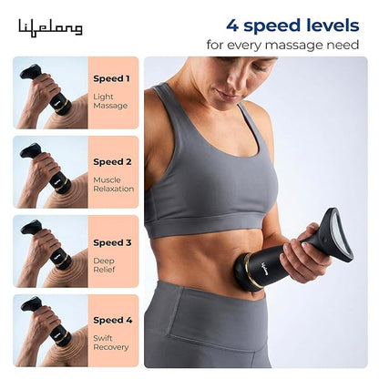 Lifelong Flathead Massager | Rechargeable Body Massager for Pain Relief | 4 Heads for Targeted Therapy | 4 Speed Levels | Heat Therapy | Full Body Electric Percussion Massager for Adults | Black