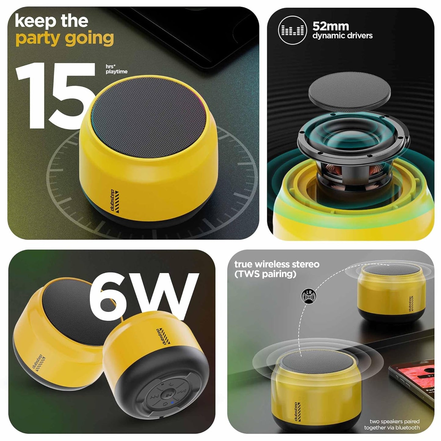 Dubstep Pop 600 Wireless Speaker, 15 Hrs Playtime, 52mm Driver, TWS Pairing, 6W Output Bluetooth Speakers