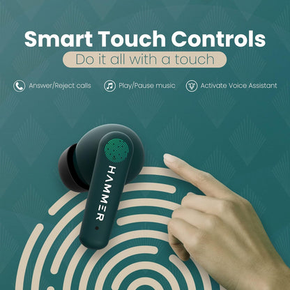 HAMMER Airflow Plus TWS Earbuds with Bluetooth 5.1, Type-C Charging, Smart Touch Control, IPX4 Rated SweatProof, Stereo Sound, Upto 23 Hours Playback, Noise Isolation (Emerald Green)