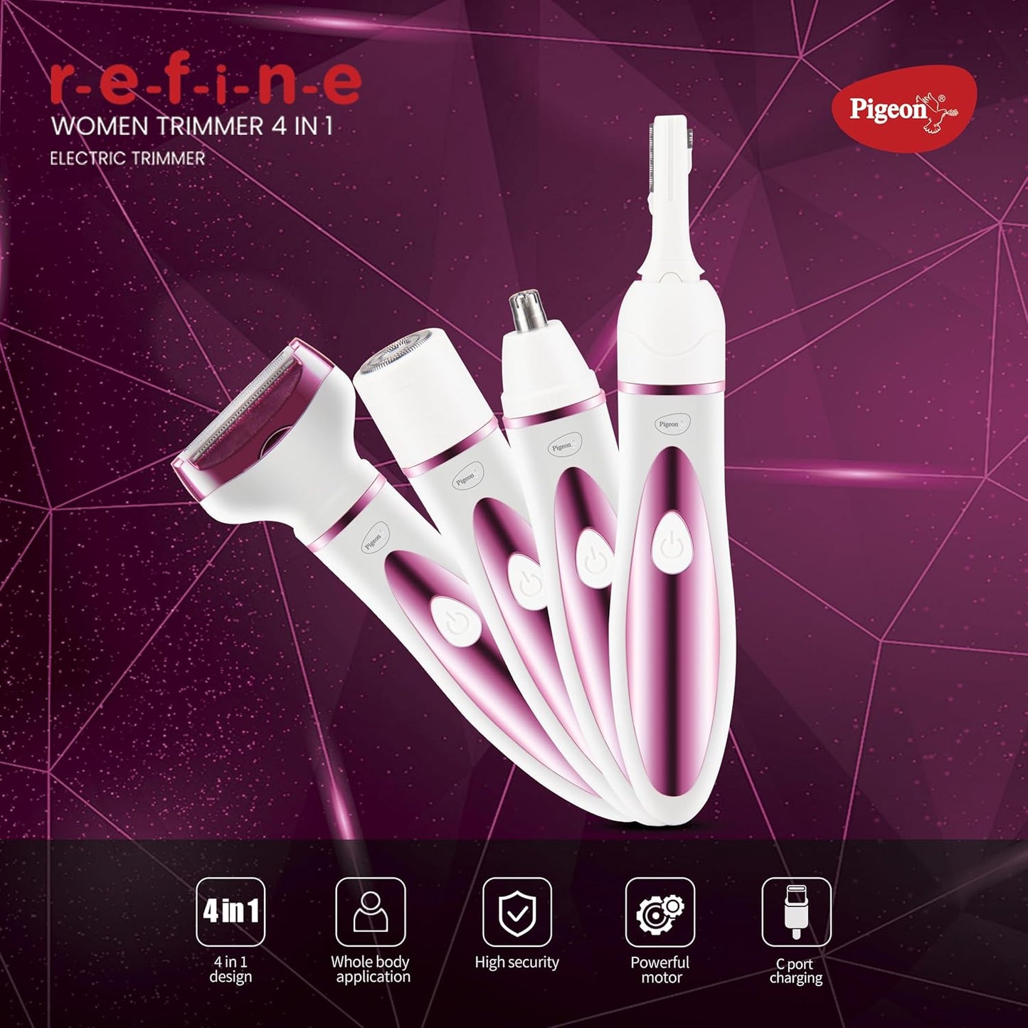 Pigeon Charm 4 In 1 Multi-purpose IPX5 Trimmer for Women [For Bikini, Shaver, Face & Eyebrow Trimmers]| Stainless Steel Blade| USB C type Charging | Waterproof| 1.5 HR runtime| Charge Time 2.5 HR | 2 Years Warranty