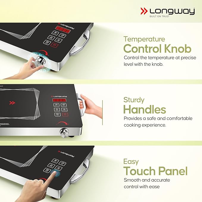 Longway Infralite Pro 2200W Infrared Induction Cooktop with Steel Grill Rack, Crystal Glass Top, Touch Panel & Digital Display, 4 Preset Modes – Stir Fry, BBQ, Hot Pot & Steam, Black