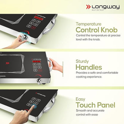 Longway Infralite Pro 2200W Infrared Induction Cooktop with Steel Grill Rack, Crystal Glass Top, Touch Panel & Digital Display, 4 Preset Modes – Stir Fry, BBQ, Hot Pot & Steam, Black