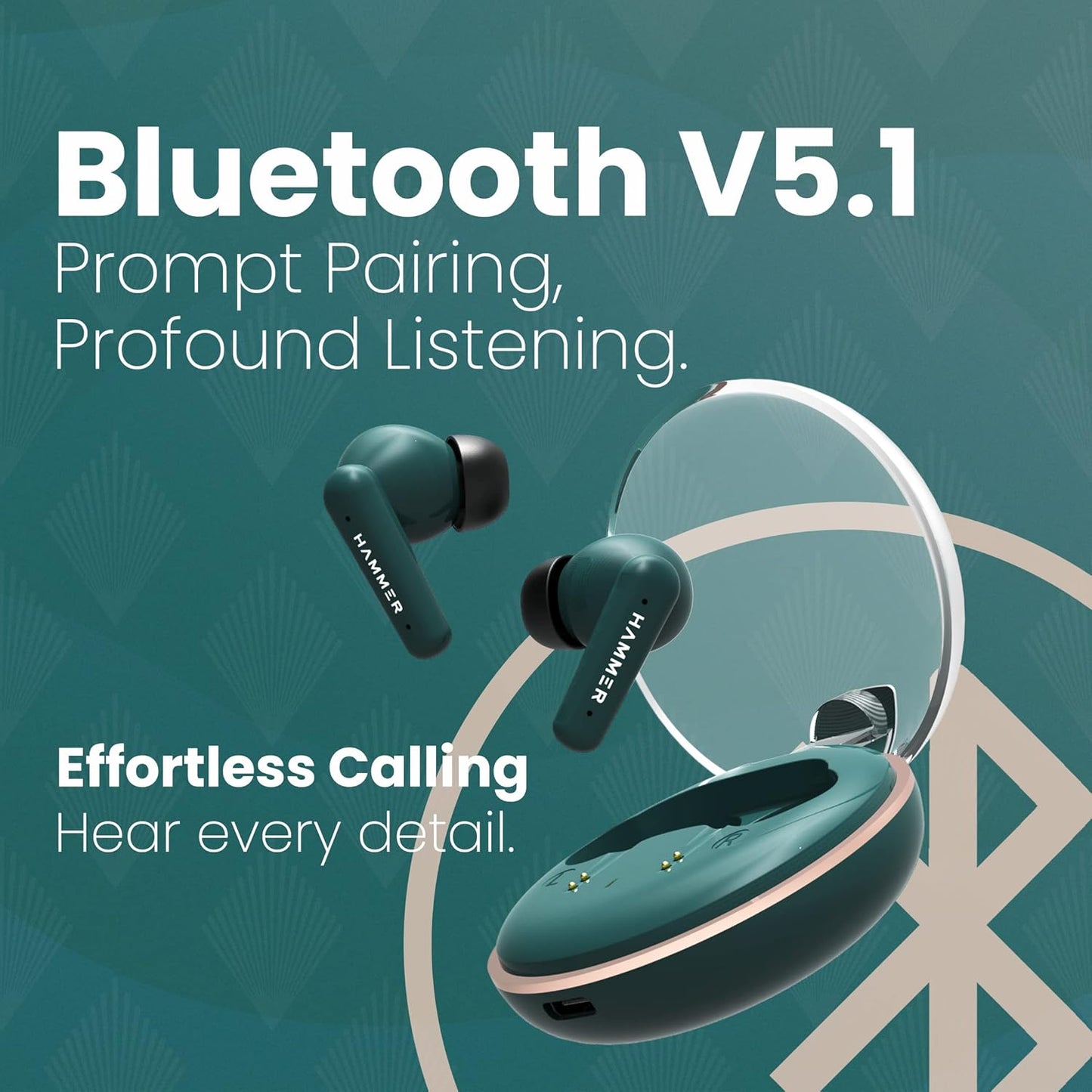 HAMMER Airflow Plus TWS Earbuds with Bluetooth 5.1, Type-C Charging, Smart Touch Control, IPX4 Rated SweatProof, Stereo Sound, Upto 23 Hours Playback, Noise Isolation (Emerald Green)