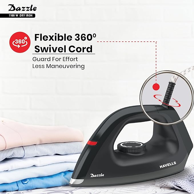 HAVELLS Plastic Dazzle 1100W Dry Iron Press German Technology Non Sick Coated Sole Plate & 2 Yrs Warranty (Black), 1100 Watts