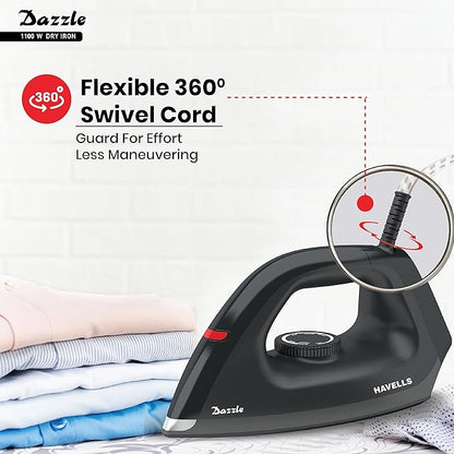 HAVELLS Plastic Dazzle 1100W Dry Iron Press German Technology Non Sick Coated Sole Plate & 2 Yrs Warranty (Black), 1100 Watts