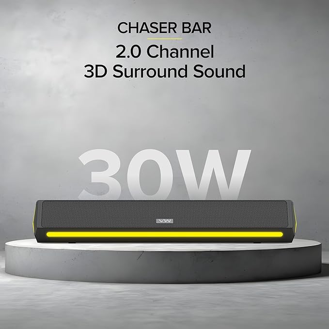 VW Chaser Bar | 30W Bluetooth SoundBar | 2.0 Channel | Multiple Connectivity & Sleek Design (Black)