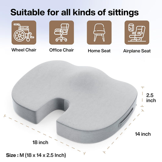FOVERA Memory Foam Coccyx Seat Cushion for Tailbone Pain | 2 Years Warranty | Sciatica, Back Pain Relief - Orthopedic Chair Cushions for Sitting for Office Chair (Medium, Velvet Grey)