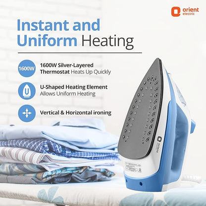 Orient Electric FabriFeel | 1600W Steam iron (Press) | Non-stick Weilburger coating| 360-degree swivel cord| U-shaped heating element| Vertical & Horizontal Ironing| |ISI certified | 2-year warranty