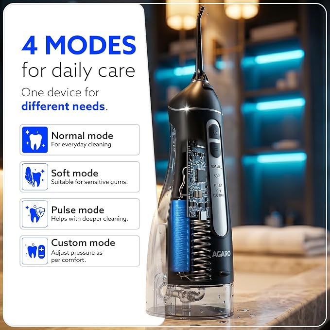 AGARO Ultra Dental Flosser for teeth, 5 Nozzles, Portable,Cordless & Rechargeable,4 Cleaning Modes,IPX7 Waterproof with 300ml Watertank, Flossing at Home & Travel,Oral Flosser,Oral Irrigator
