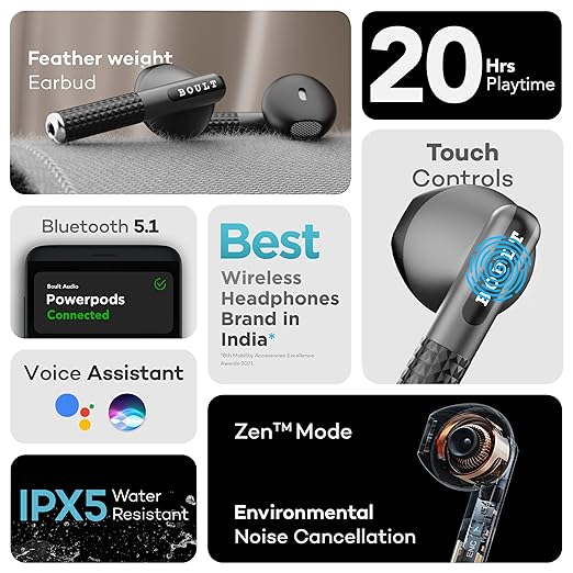 Boult Audio Newly Launched Airbass Powerpods Tws Featherweight Bluetooth Truly Wireless In Ear Earbuds With Mic, 20H Playtime With Zen Technology Enc, Fast Charging Type-C Ipx5 Water Resistant (Black)