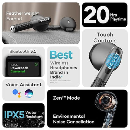 Boult Audio Newly Launched Airbass Powerpods Tws Featherweight Bluetooth Truly Wireless In Ear Earbuds With Mic, 20H Playtime With Zen Technology Enc, Fast Charging Type-C Ipx5 Water Resistant (Black)