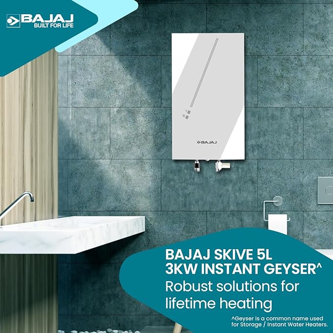 Bajaj Skive 5 Litre Instant Water Heater for home| High Grade SS Tank| Multiple Safety System| Suitable for High Rise| Shock Resistant| Rust Proof Outer| 5-Year* Tank Warranty by Bajaj |White