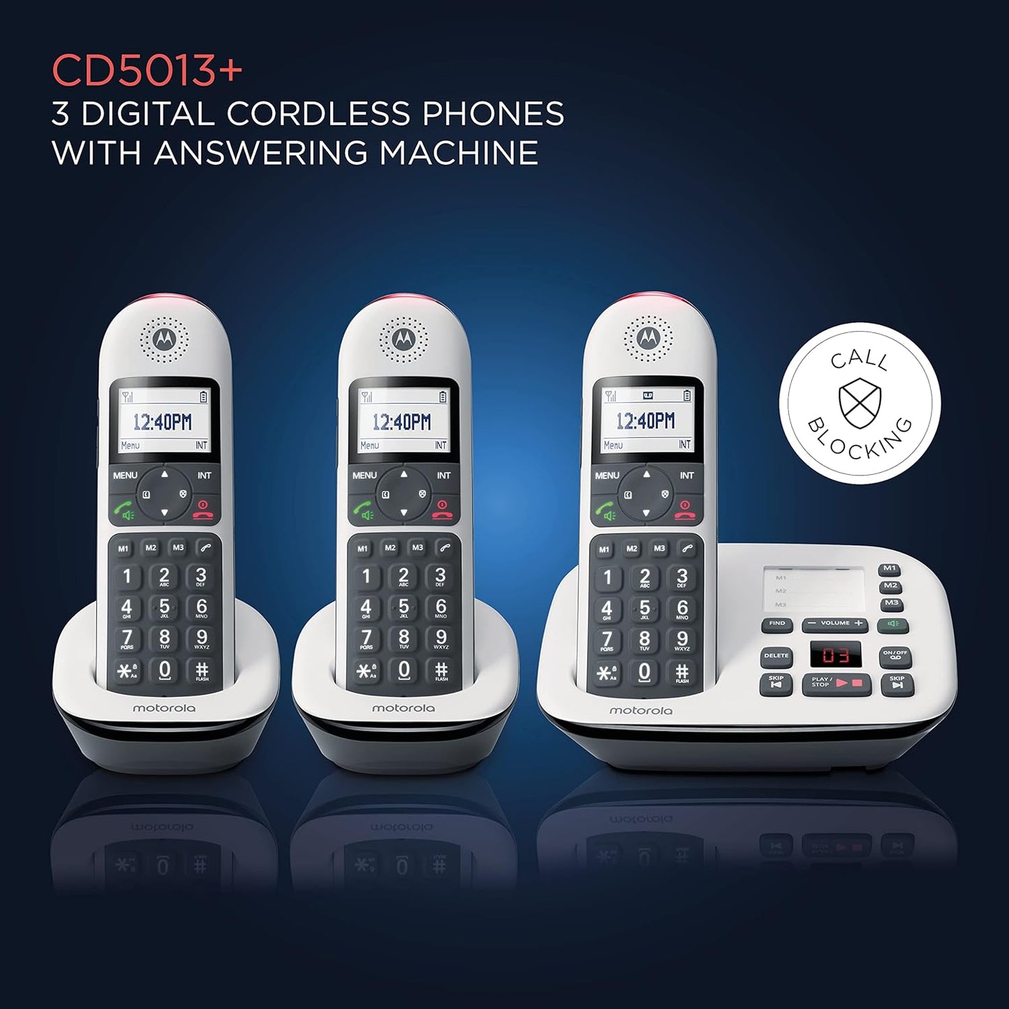 MOTOROLA CD5013 Cordless Phone with Answering Machine Call Block and Volume Boost Cordless Landline Phone with Answering Machine (White, Black)