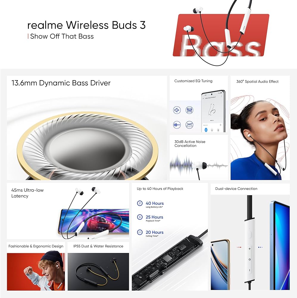 realme Buds Wireless 3 with 30dB ANC, 360 degree Spatial Audio, upto 40 hours Playback Bluetooth Headset  (Bass Yellow, In the Ear)