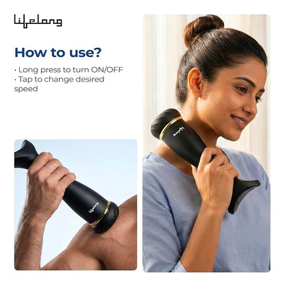Lifelong Flathead Massager | Rechargeable Body Massager for Pain Relief | 4 Heads for Targeted Therapy | 4 Speed Levels | Heat Therapy | Full Body Electric Percussion Massager for Adults | Black