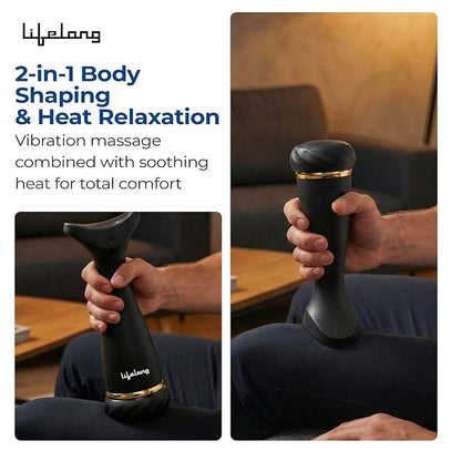 Lifelong Flathead Massager | Rechargeable Body Massager for Pain Relief | 4 Heads for Targeted Therapy | 4 Speed Levels | Heat Therapy | Full Body Electric Percussion Massager for Adults | Black