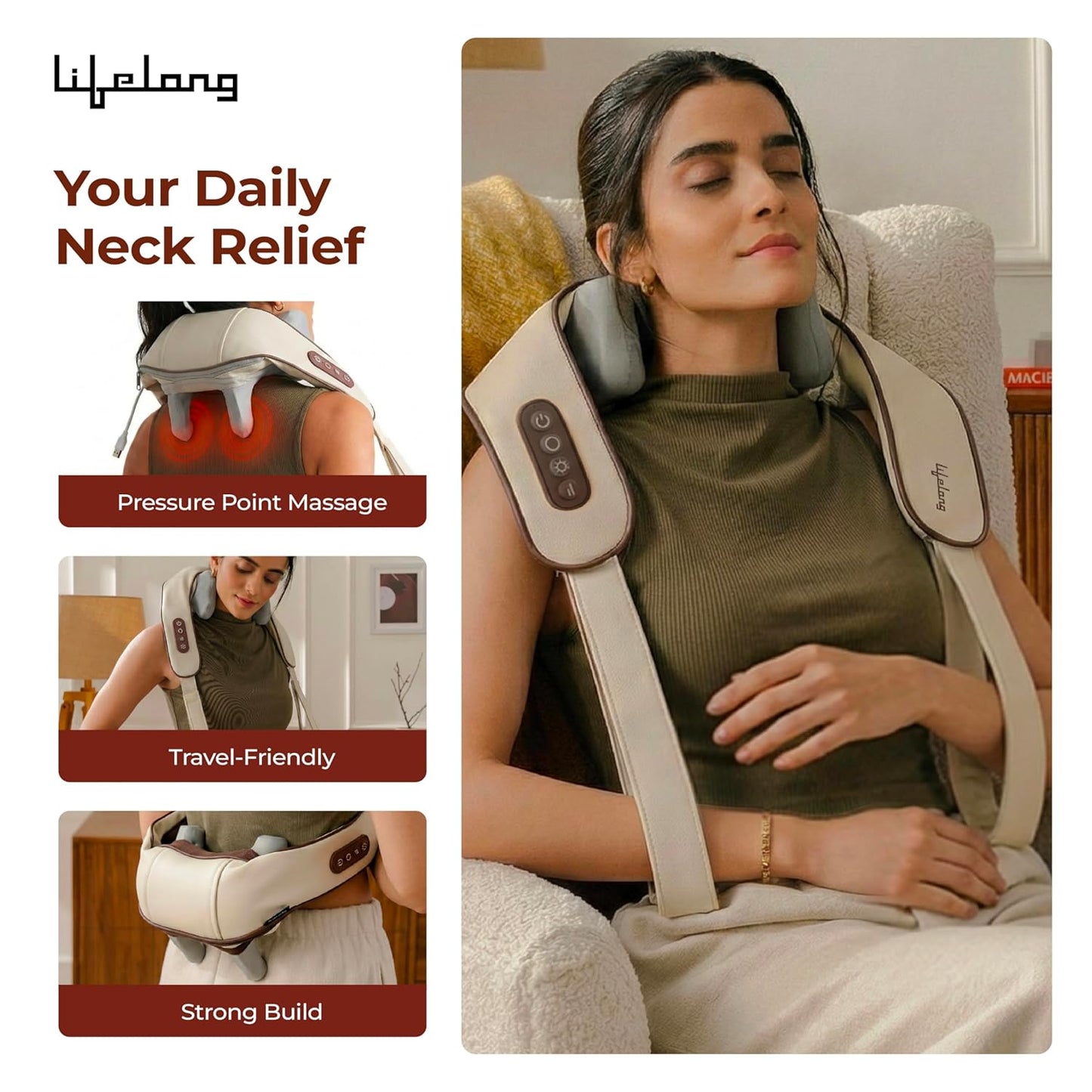 Lifelong Manual Dual Pressure Cervical Neck Shoulder Legs Waist Muscles Pain Relief Massage Roller, Trigger Point Roller, Acupressure Points Self Massager (LLM972),Beige