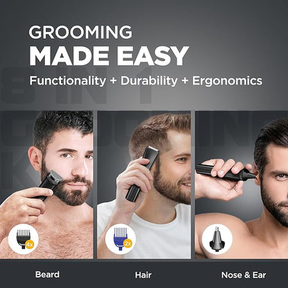Havells 8 in 1 Grooming Kit |2-in-1 Special Blade|Nose & Ear Attachment|4 Beard & 2 Hair Combs|Type C Turbo Charge|No Nicks & Cuts|2 Year Guarantee|GS4008
