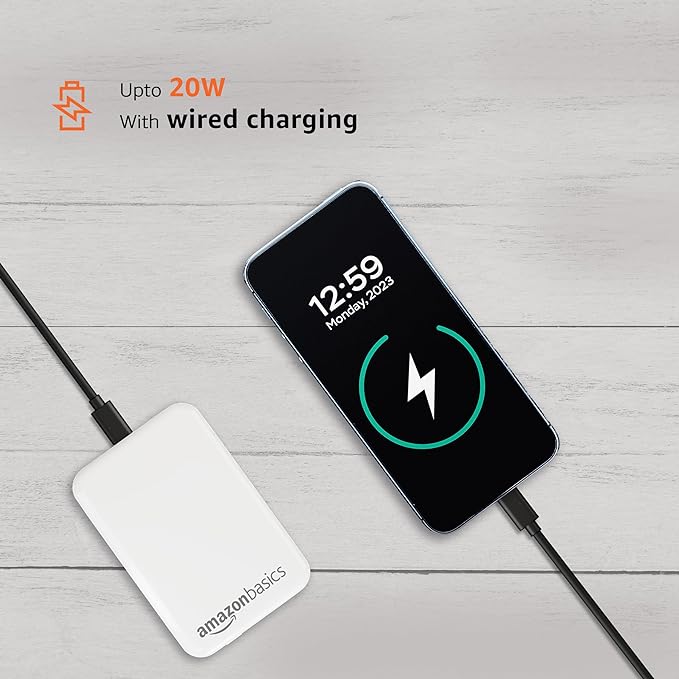 Amazon Basics 5000mAh Li-Polymer Wireless Power Bank | Two-Way Fast Charging | 20W Fast Charging Through Wire |15W Wireless Charging| for iPhone 12 and Above (White)