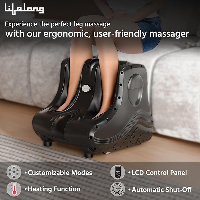 Lifelong Foot Massager Machine for Pain Relief | Electric Foot Massager with Digital Display | Feet Massager for Blood Circulation | Foot Pain Relief with Soothing Heat | Removable Cover | Black LLM1098