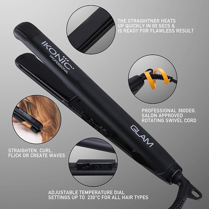 Ikonic Glam Hair Straightener For Women With Professional Cutting-Edge Floating Tourmaline Ceramic Plates Ideal For Straighteneing, Curls, Waves Auto Controlled Heat Setting Super Stylish