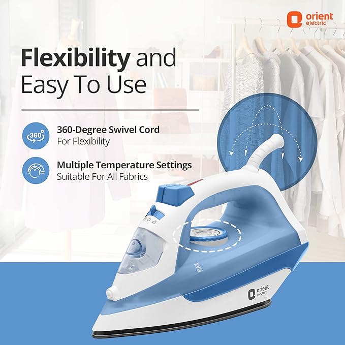 Orient Electric FabriFeel | 1600W Steam iron (Press) | Non-stick Weilburger coating| 360-degree swivel cord| U-shaped heating element| Vertical & Horizontal Ironing| |ISI certified | 2-year warranty