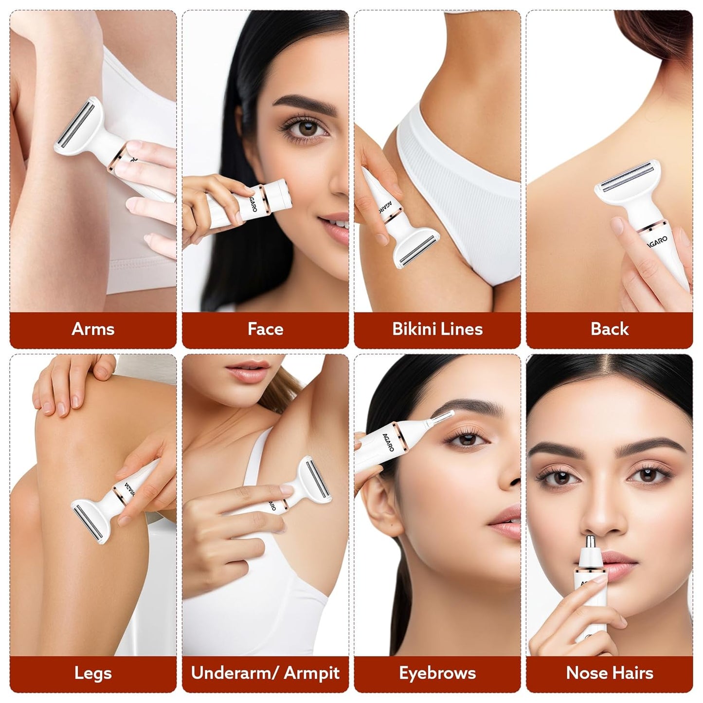 AGARO Female Multi Trimmer – Facial Hair Removal Machine, Bikini Trimmer, Eyebrow & Nose Hair Trimmer Painless body hair trimming Type-C charging, up to 90 minutes runtime, White 3117
