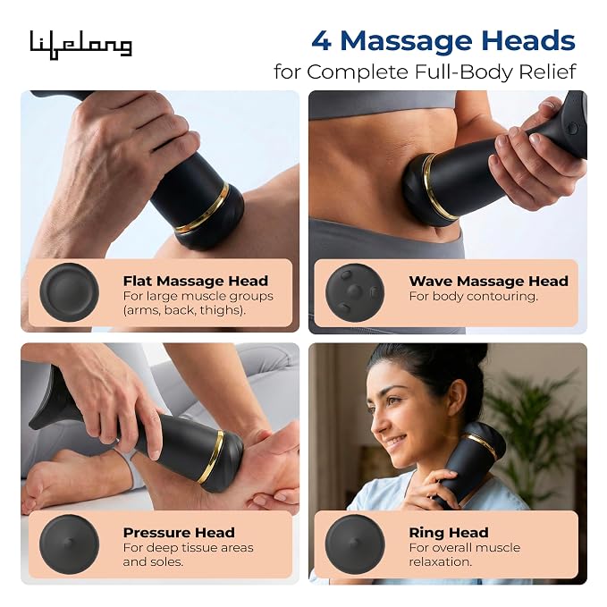 Lifelong Flathead Massager | Rechargeable Body Massager for Pain Relief | 4 Heads for Targeted Therapy | 4 Speed Levels | Heat Therapy | Full Body Electric Percussion Massager for Adults | Black