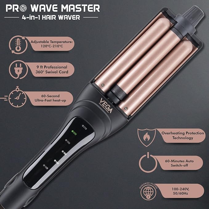 VEGA PROFESSIONAL Pro Wave Master 4 In 1 Deep Hair Waver for Women with Adjustable Temperature Settings, Fast Heatup with Overheating Protection Technology, (VPPMS-04)