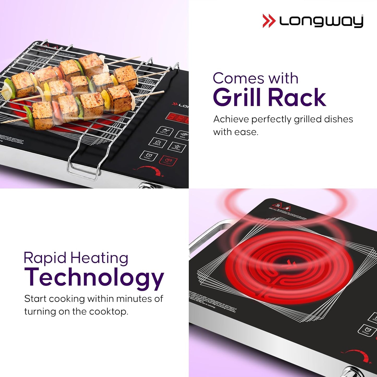 Longway Infralite Pro 2200W Infrared Induction Cooktop with Steel Grill Rack, Crystal Glass Top, Touch Panel & Digital Display, 4 Preset Modes – Stir Fry, BBQ, Hot Pot & Steam, Black