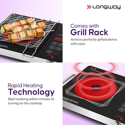 Longway Infralite Pro 2200W Infrared Induction Cooktop with Steel Grill Rack, Crystal Glass Top, Touch Panel & Digital Display, 4 Preset Modes – Stir Fry, BBQ, Hot Pot & Steam, Black