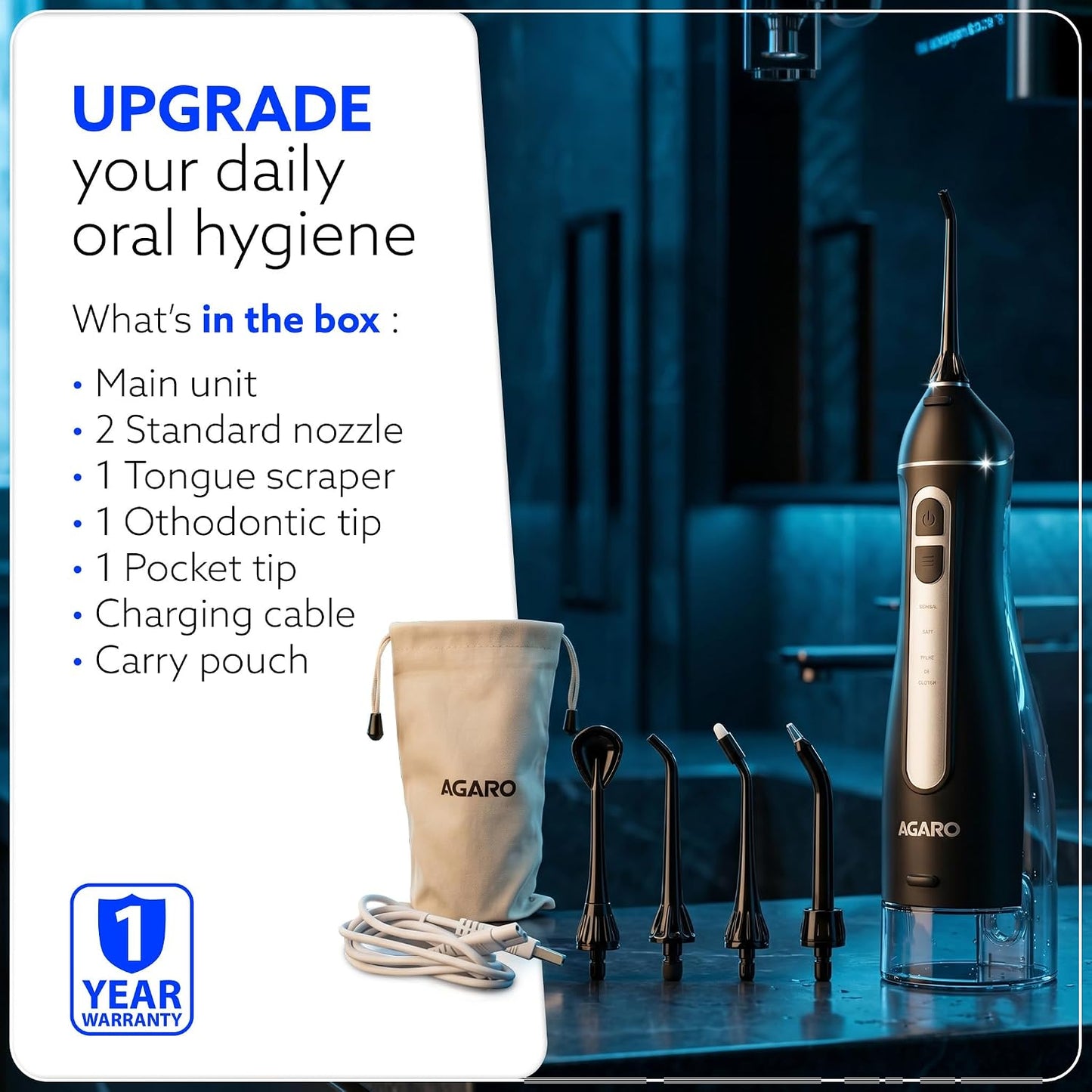 AGARO Ultra Dental Flosser for teeth, 5 Nozzles, Portable,Cordless & Rechargeable,4 Cleaning Modes,IPX7 Waterproof with 300ml Watertank, Flossing at Home & Travel,Oral Flosser,Oral Irrigator