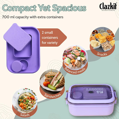 Clazkit Snack Pack Lunch Box for Kids, Adults |Tiffin Box with 2 Small Conatiner, Spoon and Fork | Leakproof 100% Food Grade | Pink |700ml