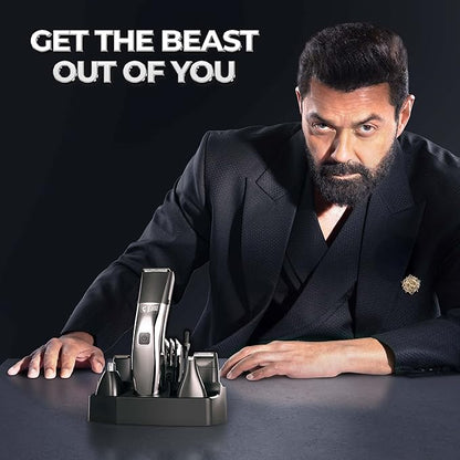 Beardo Chrome Beast Multipurpose Full Body Groomer Trimmer Set For Men | 40 Length Settings | 8 attachments | Beard/Hair/Body/Precision/Ear/Nose Trimmer|With Dock|90 min. run time | All-in-1 trimmer