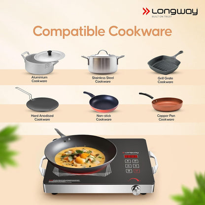 Longway Infralite Pro 2200W Infrared Induction Cooktop with Steel Grill Rack, Crystal Glass Top, Touch Panel & Digital Display, 4 Preset Modes – Stir Fry, BBQ, Hot Pot & Steam, Black