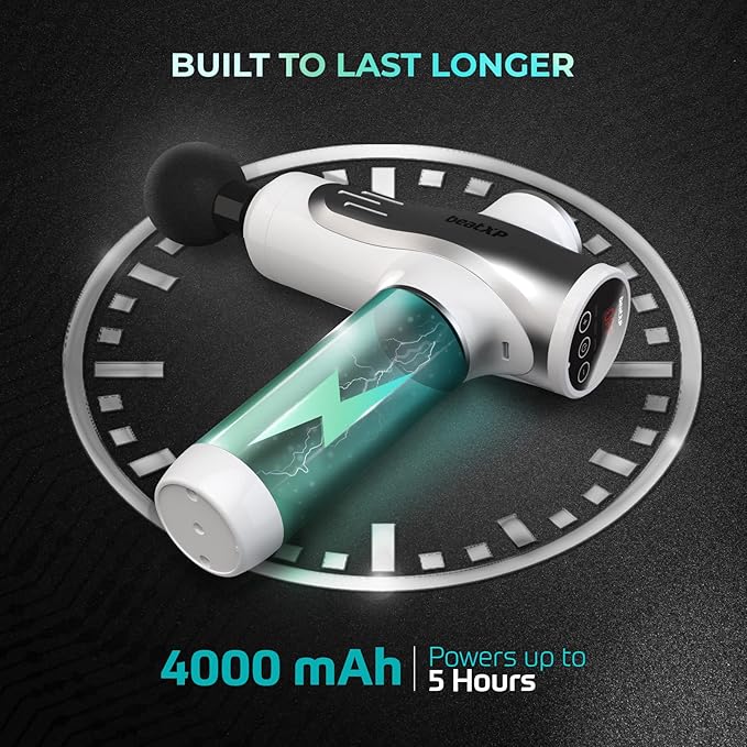 beatXP Bolt Go Massage Gun |Body Massager |Touch Display- Percussion Gun Back Massager for Men & Women with 4 Attachments (4000mAh Battery) & up to 12 Months Warranty by beatXP (Metallic Silver)