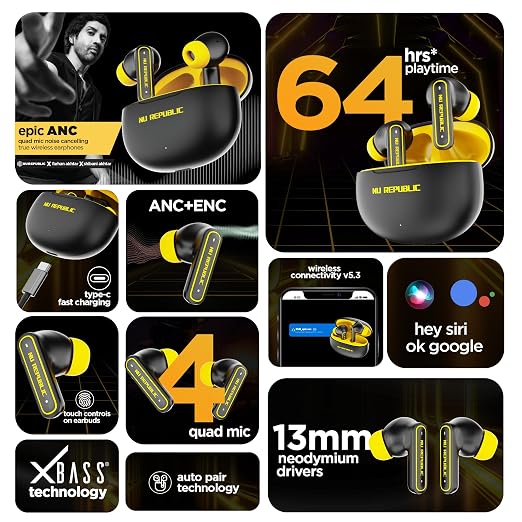 Nu Republic Epic ANC TWS Earbuds with Upto 64 hrs Playtime, 13mm Neodymium Driver, XBass® Technology, ANC + ENC Quad Mics, Hall Sensor Function, Dual Mode (Game/Music), Fast Charging - (Black/Yellow)