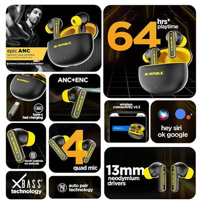 Nu Republic Epic ANC TWS Earbuds with Upto 64 hrs Playtime, 13mm Neodymium Driver, XBass® Technology, ANC + ENC Quad Mics, Hall Sensor Function, Dual Mode (Game/Music), Fast Charging - (Black/Yellow)