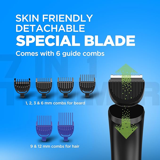 Havells Beard & Hair 7 in 1 Trimmer |2-in-1 Special Blade| Comes with 4 Beard & 2 Hair Combs|Type C Turbo Charge|No Nicks & Cuts|2 Year Guarantee|BT4001